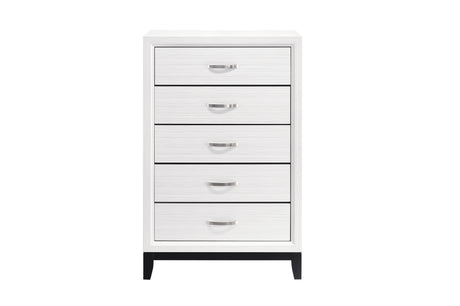 Davi White Panel Bedroom Set with bed, dresser, mirror, nightstand, and chest in white