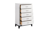 Davi White Panel Bedroom Set with bed, dresser, mirror, nightstand, and chest in white