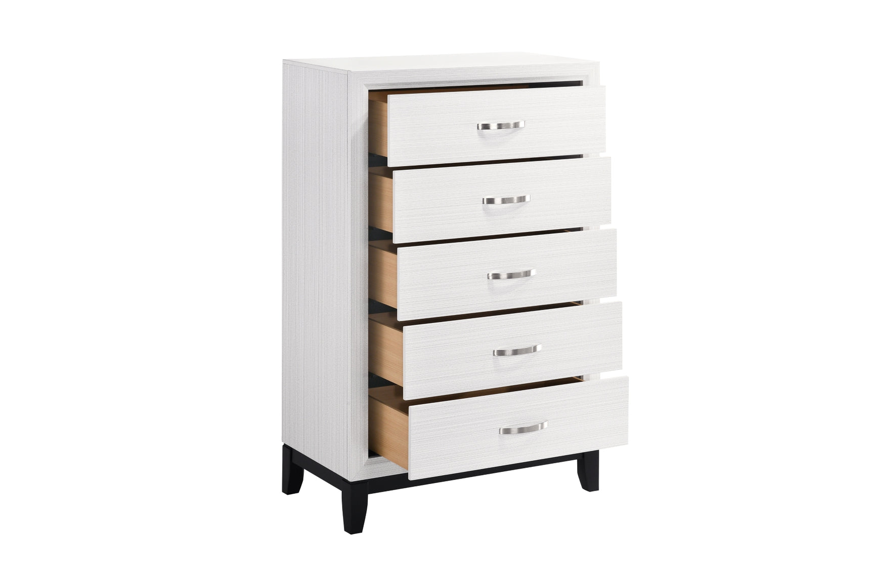 Davi White Panel Bedroom Set with bed, dresser, mirror, nightstand, and chest in white