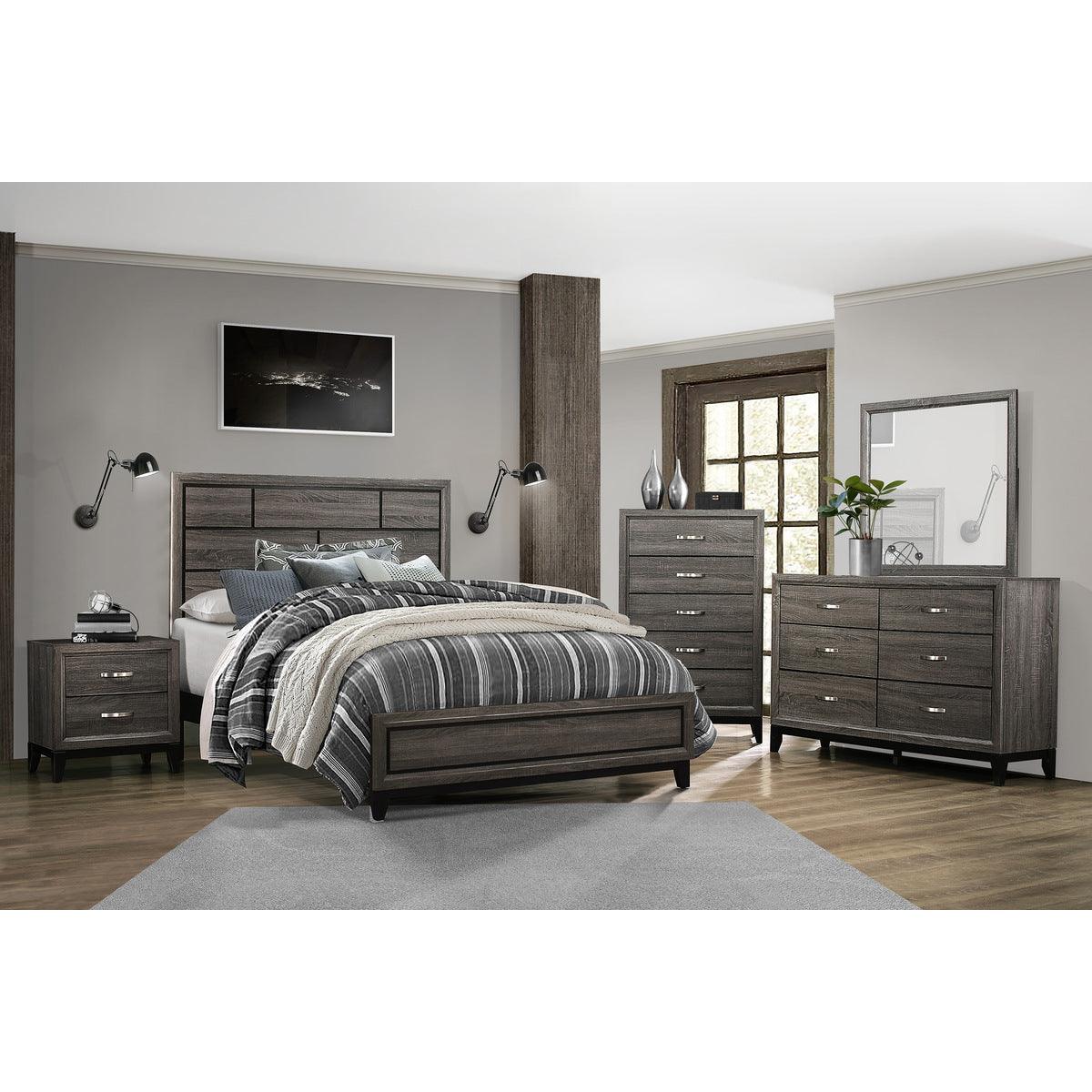Styled bedroom with Davi Gray Faux Wood Panel Queen Bed and coordinating furniture