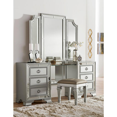 Top view showing folding mirrors and vanity surface