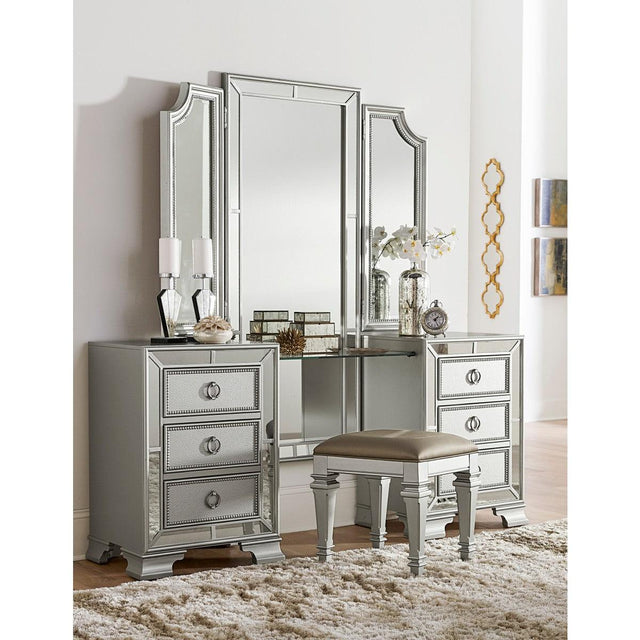 Top view showing folding mirrors and vanity surface