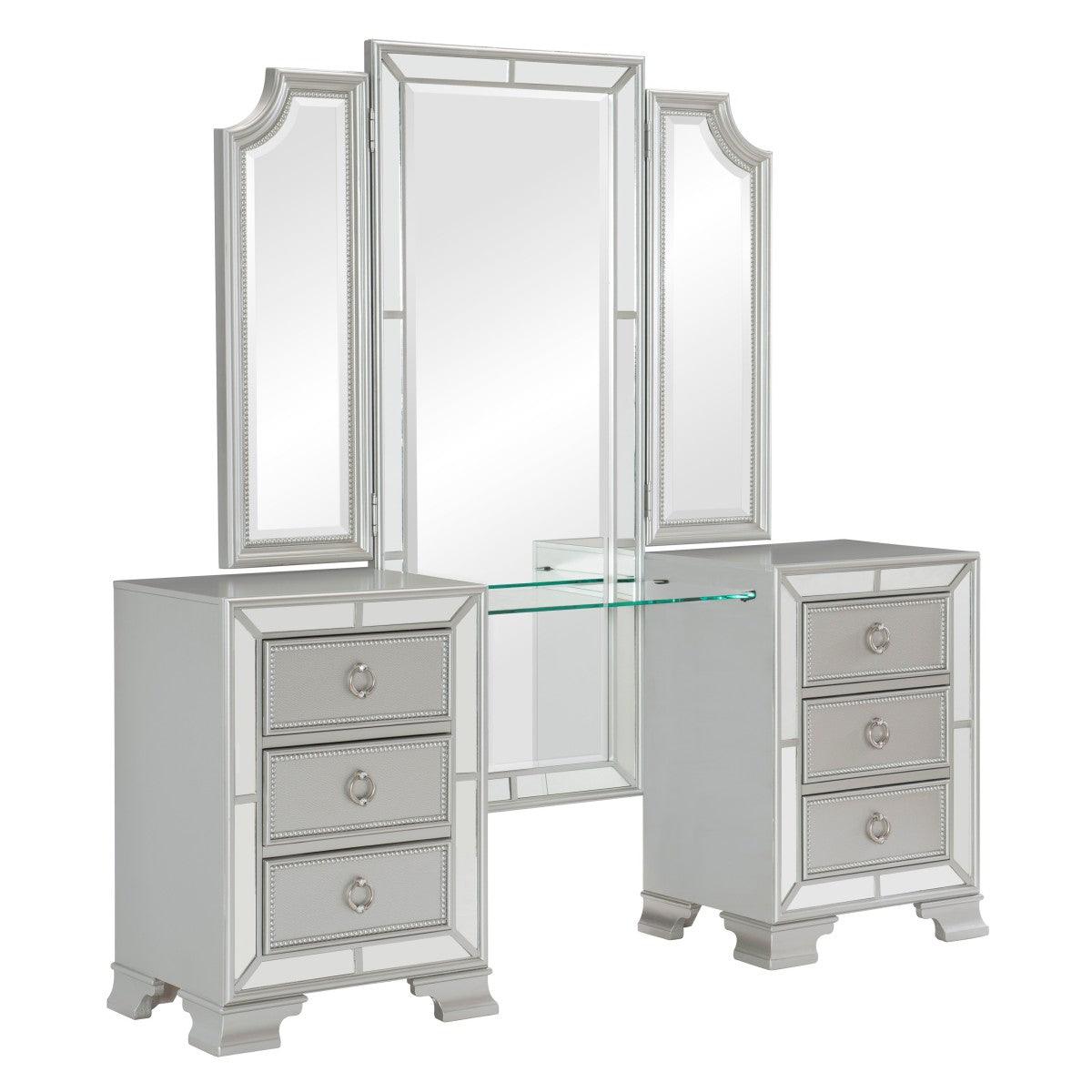 Avondole Silver Vanity Dresser angled view showing drawers