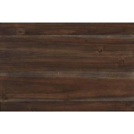 Close-up of distressed espresso finish on acacia veneer panel bed