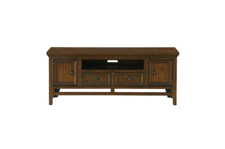 Close-up of fixed knob hardware on Frazier Park TV stand drawer