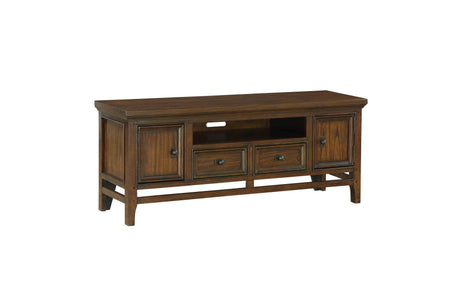 Open shelf with media components on Frazier Park TV stand