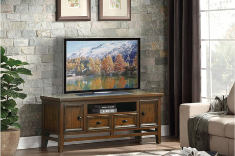 Side angle of Frazier Park brown cherry traditional TV stand