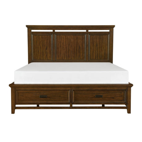 Frazier Park Brown Cherry Queen Upholstered Storage Platform Bed front view