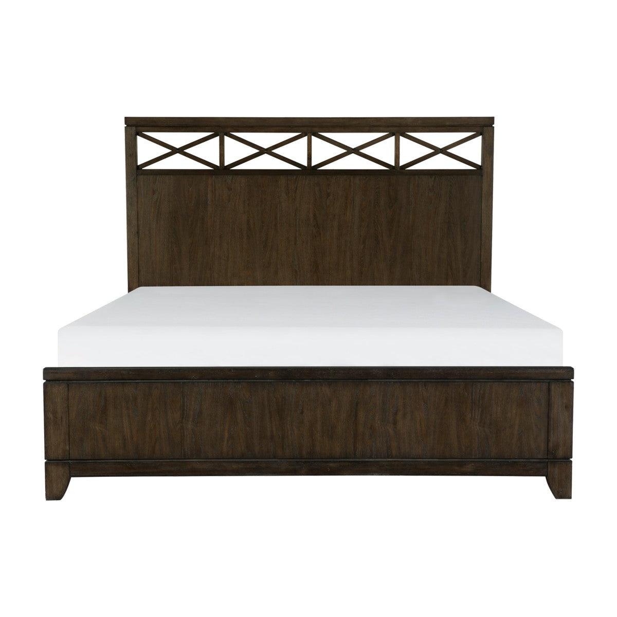 Griggs Dark Brown Queen Panel Bed front view showing X-frame headboard