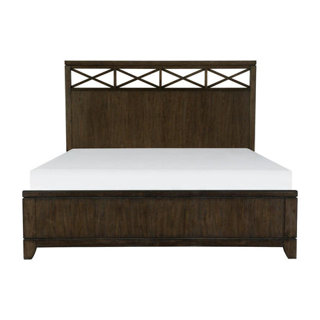 Griggs Dark Brown Queen Panel Bed front view showing X-frame headboard