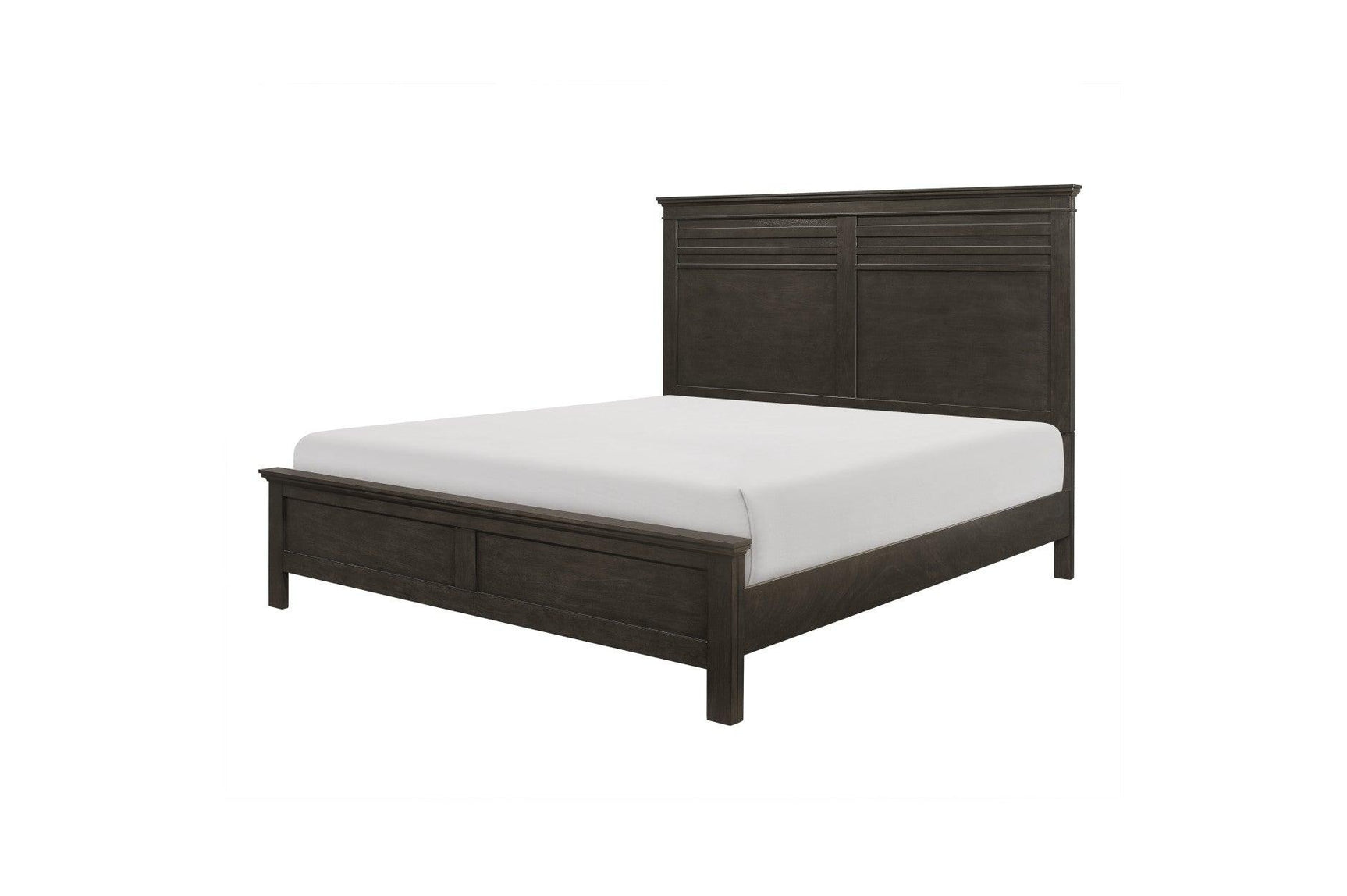 Blaire Farm Charcoal Gray Panel Bed angled bedroom view