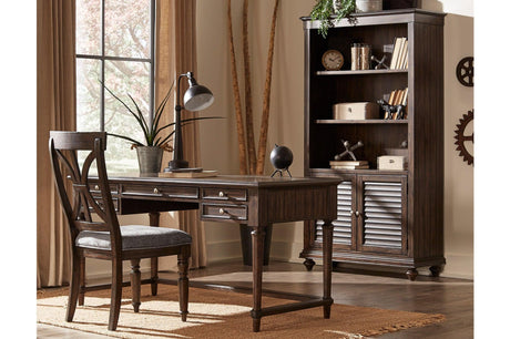 Cardano Charcoal Acacia Writing Desk front angle with drawers