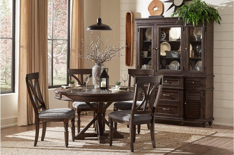 main view of Cardano Charcoal Fabric Round Dining Table with 4 upholstered chairs