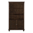 Front view of Cardano Driftwood Charcoal acacia veneer bookcase with three upper open shelves and bottom cabinet