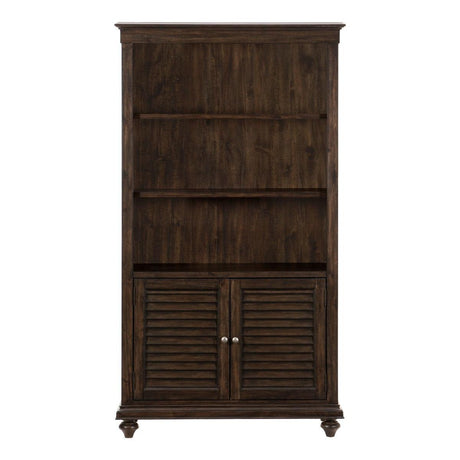 Front view of Cardano Driftwood Charcoal acacia veneer bookcase with three upper open shelves and bottom cabinet