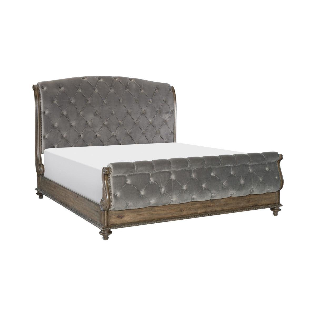 Rachelle Gray Velvet Tufted Sleigh King Bed side angle highlighting rolled headboard