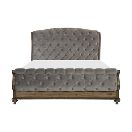 Rachelle Gray Velvet Tufted Sleigh King Bed front view showing headboard