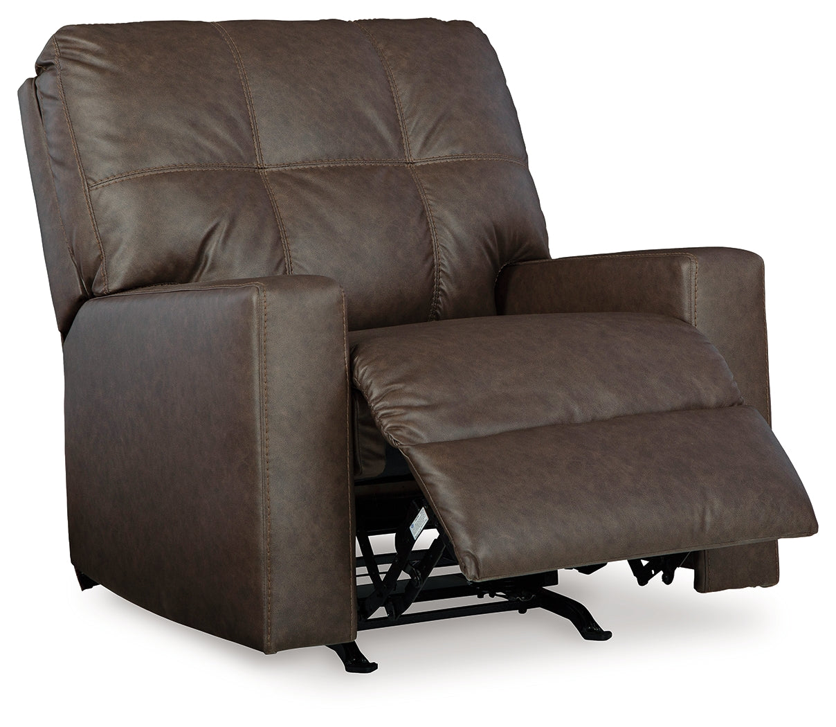 reclining position view of Barlin Mills Umber Faux Leather Recliner