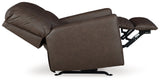 reclining side view of Barlin Mills Umber Faux Leather Recliner