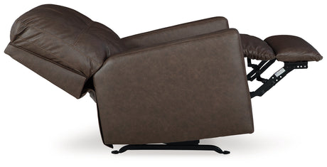 reclining side view of Barlin Mills Umber Faux Leather Recliner