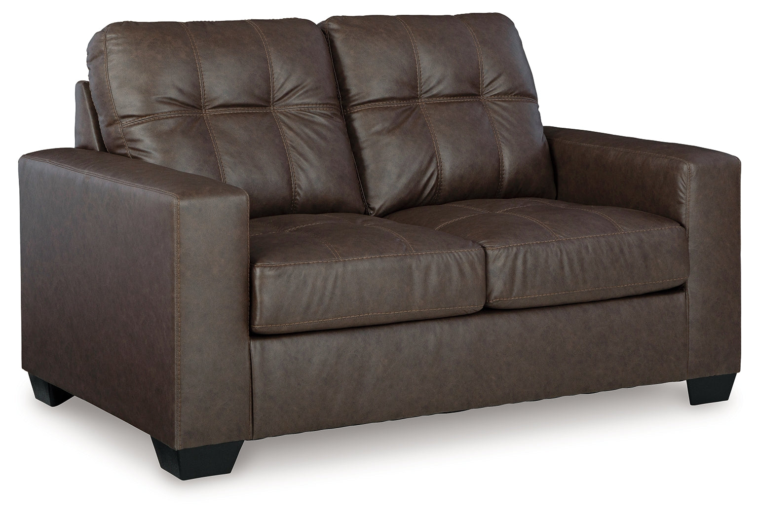 Barlin Mills Umber Faux Leather Loveseat angled side view