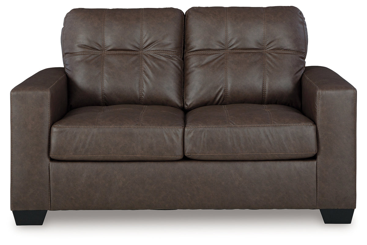Barlin Mills Umber Faux Leather Loveseat head-on front view