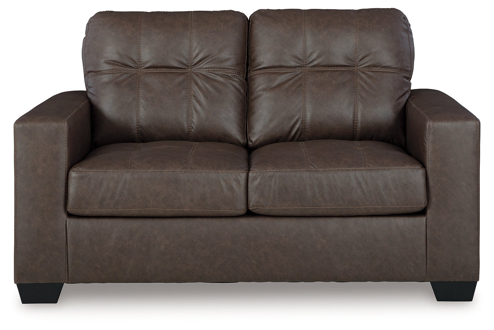 Barlin Mills Umber Faux Leather Loveseat head-on front view