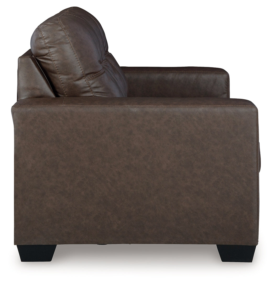 Barlin Mills Umber Faux Leather Loveseat side profile