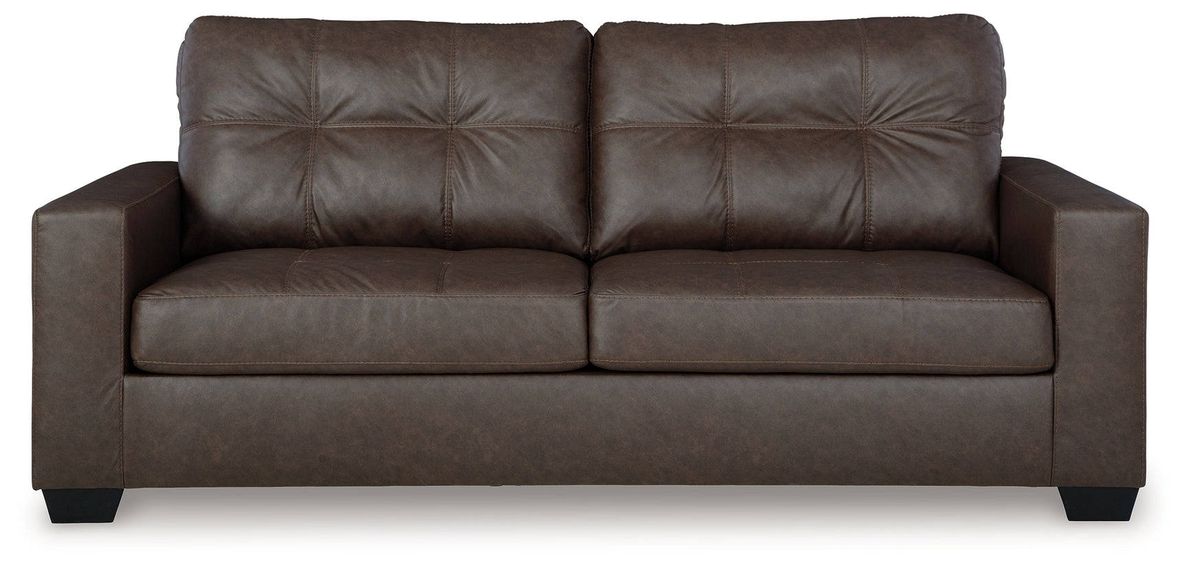 Close-up of Barlin Mills Umber Faux Leather Sofa jumbo stitching detail