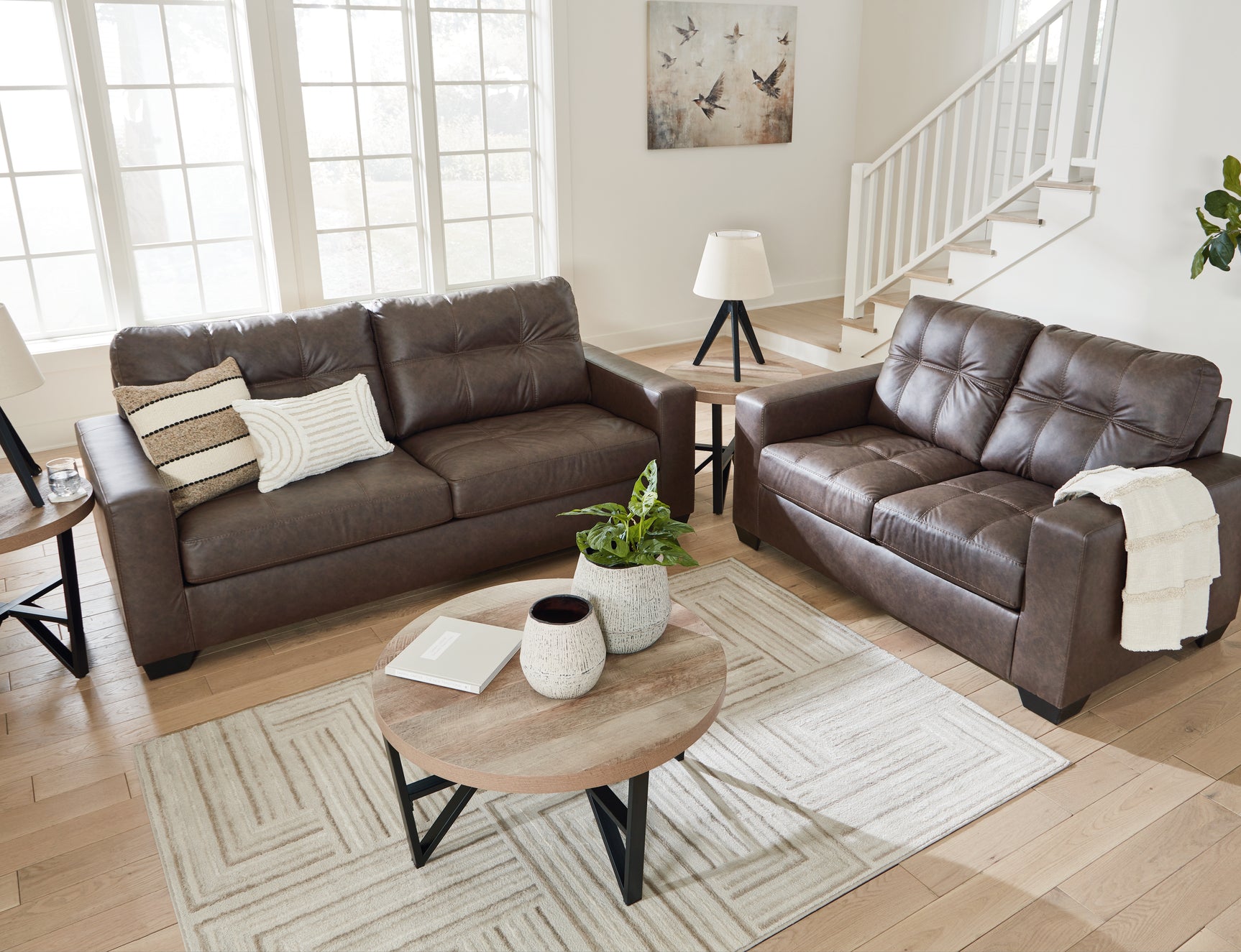 Barlin Umber Mills Sofa and Loveseat set styled living room view