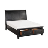 Open footboard storage drawers on Laurelin Black King Sleigh Platform Storage Bed