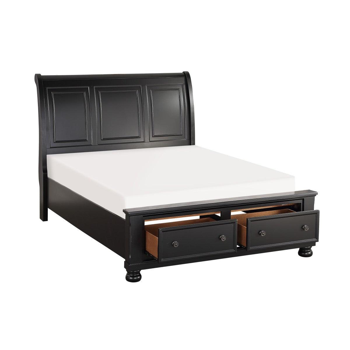 Open footboard storage drawers on Laurelin Black King Sleigh Platform Storage Bed