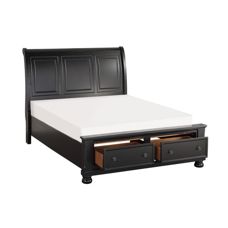 Open footboard storage drawers on Laurelin Black King Sleigh Platform Storage Bed