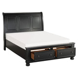 Footboard drawers open on Laurelin Black Queen Sleigh Storage Bed