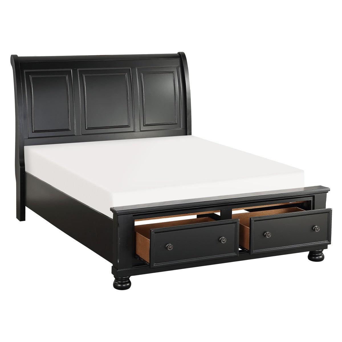 Footboard drawers open on Laurelin Black Queen Sleigh Storage Bed