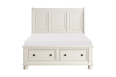 Side view of Laurelin White Sleigh Storage Bedroom Set bed