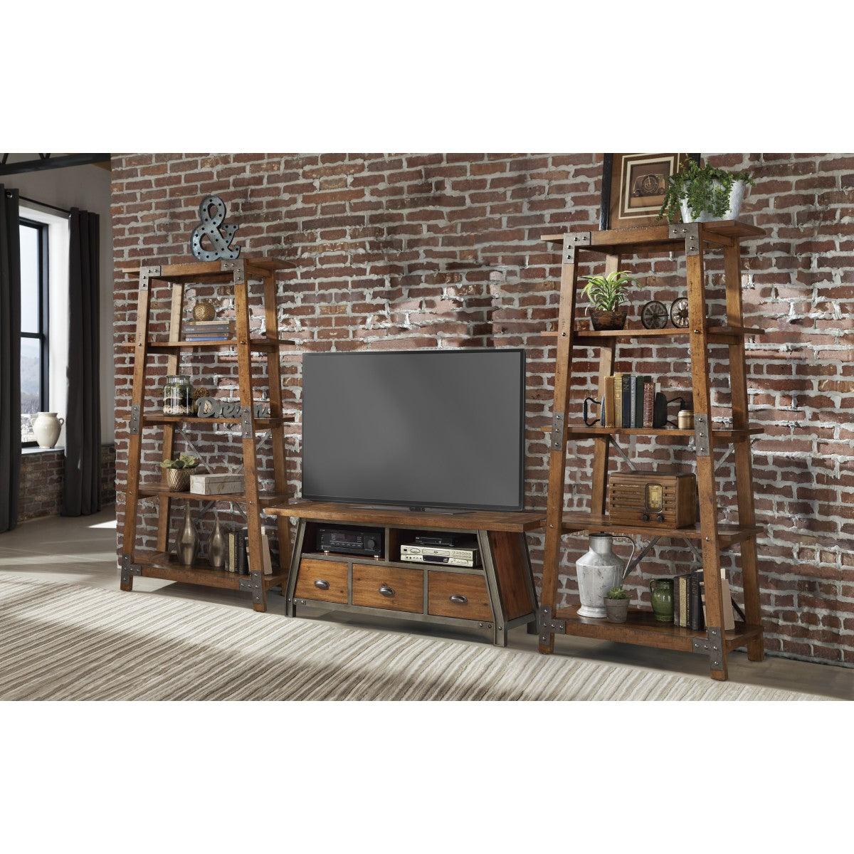Holverson TV stand showing open cubbies and storage drawers