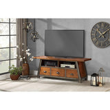 Holverson TV stand closeup of rustic wood finish and metal frame