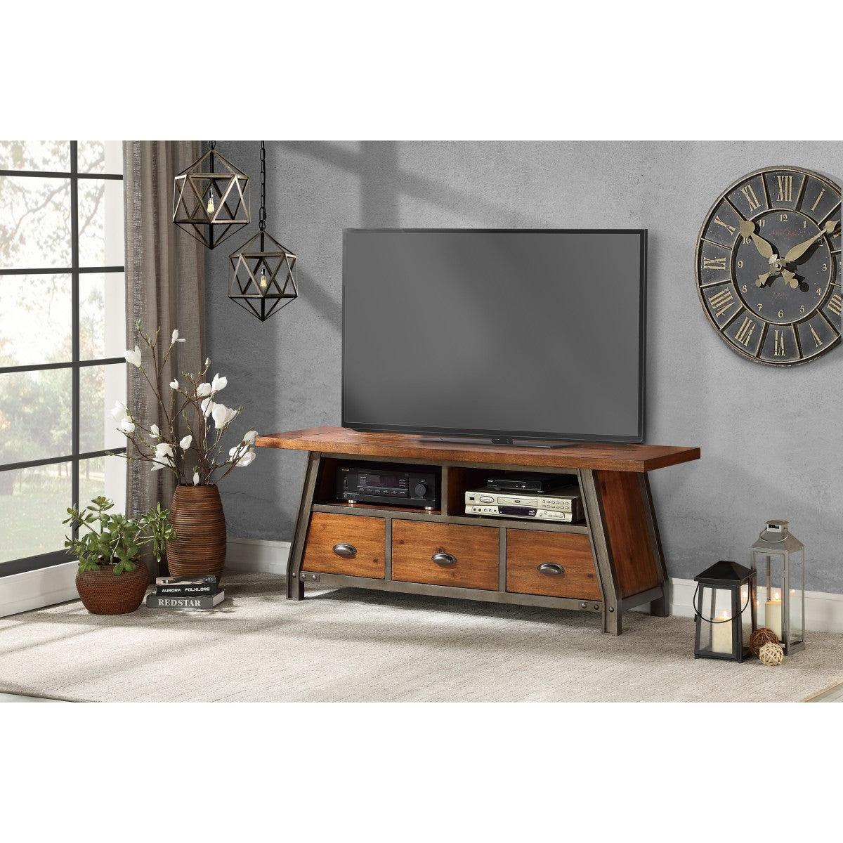 Holverson TV stand closeup of rustic wood finish and metal frame