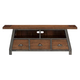 Holverson rustic brown and gunmetal modern TV stand front view