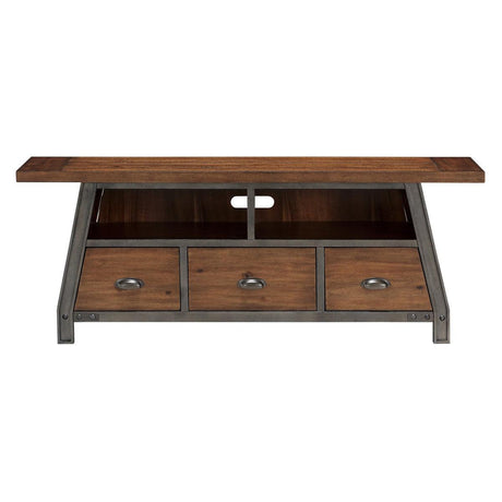 Holverson rustic brown and gunmetal modern TV stand front view
