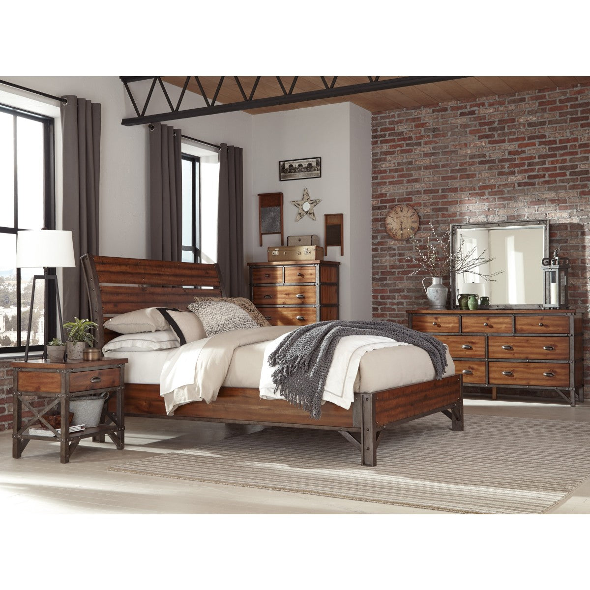 Close-up detail of headboard slats with industrial finish