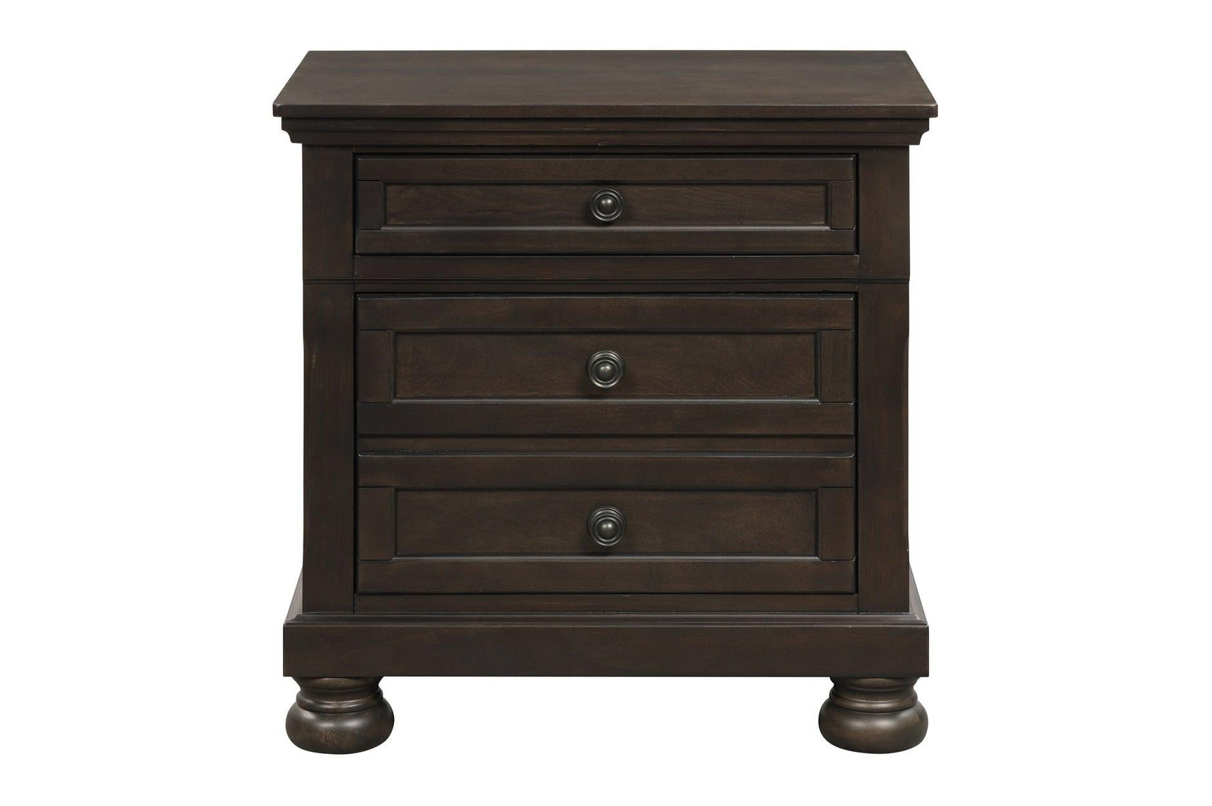 front side view of Begonia Gray Brown Storage Sleigh Bedroom Set bed