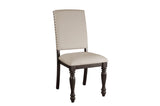 Side view of fabric upholstered dining chairs from Begonia set
