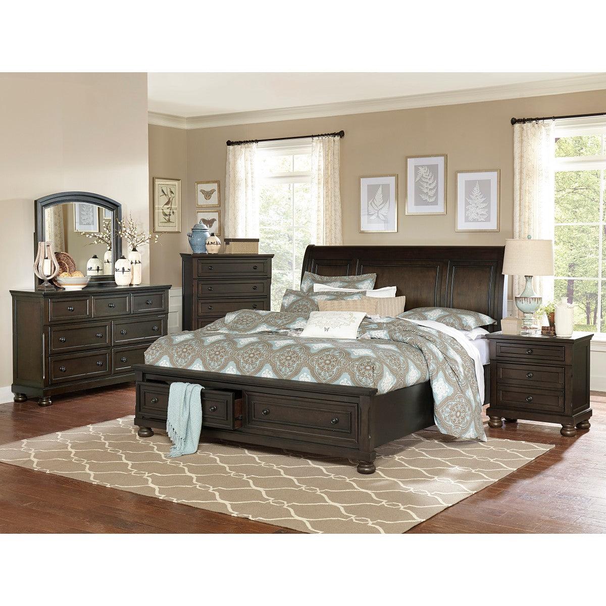 Begonia queen platform bed showing sleigh headboard and bun feet