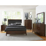 Cotterill queen bed full front view highlighting dark cherry finish and upholstery
