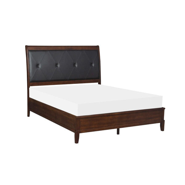 Side angle of Cotterill king panel bed showing dark cherry finish and black leather upholstery