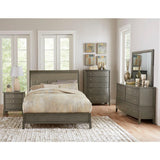 Cotterill Gray Faux Leather Tufted Queen Panel Bed staged in bedroom