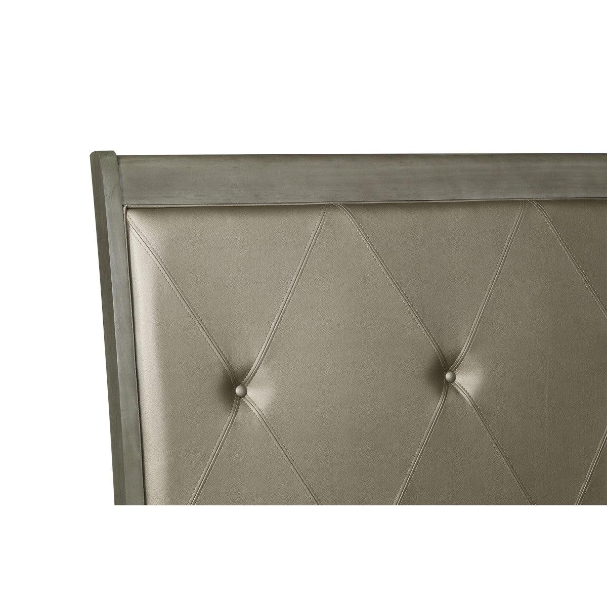 Cotterill Gray Birch Veneer Faux Leather Tufted King Panel Bed footboard angle