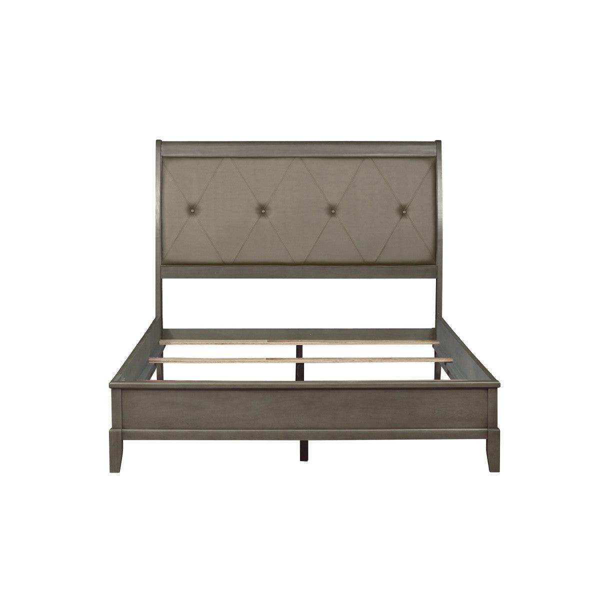 Cotterill Gray Birch Veneer Faux Leather Tufted King Panel Bed side angle